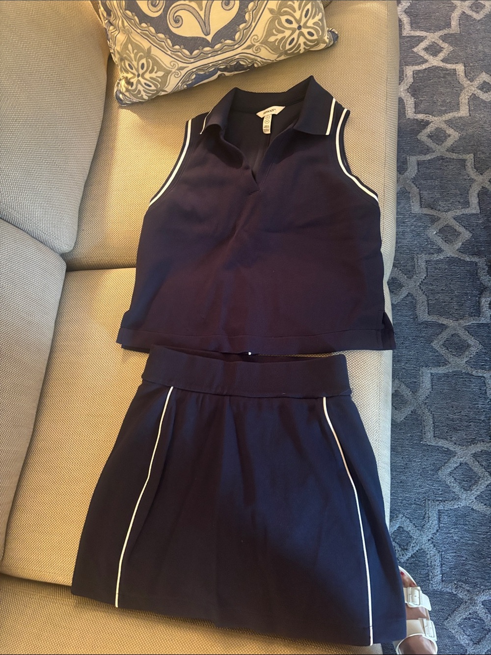 SPANX Navy Sleeveless Polo Top and Skort Set with White Trim